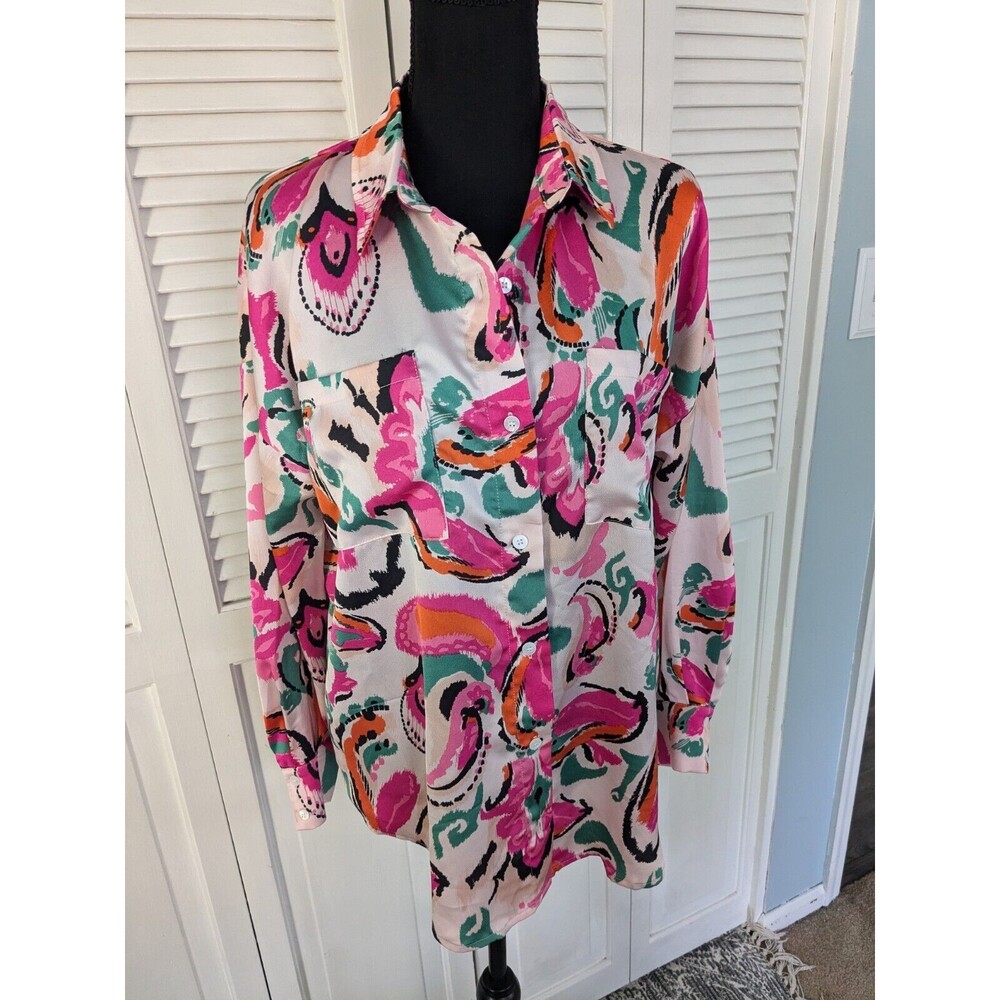 Fate by LFD Women's sz S Blouse Hot Pink Orange Paisley Collar Button Up Silky